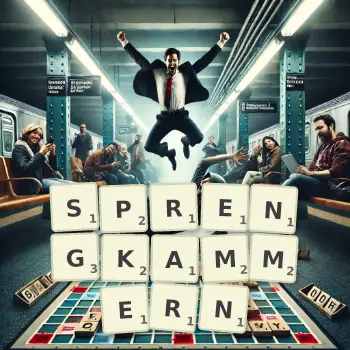 Kreative Illustration für ein Scrabble-Spiel, bei dem das Wort SPRENGKAMMERN mit Steinen auf dem Brett gelegt wurde.