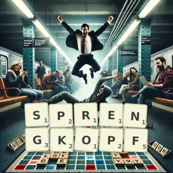 Kreative Illustration für ein Scrabble-Spiel, bei dem das Wort SPRENGKOPF mit Steinen auf dem Brett gelegt wurde.