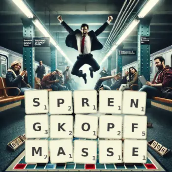 Kreative Illustration für ein Scrabble-Spiel, bei dem das Wort SPRENGKOPFMASSE mit Steinen auf dem Brett gelegt wurde.