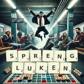 Kreative Illustration für ein Scrabble-Spiel, bei dem das Wort SPRENGLUKEN mit Steinen auf dem Brett gelegt wurde.