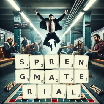 Kreative Illustration für ein Scrabble-Spiel, bei dem das Wort SPRENGMATERIAL mit Steinen auf dem Brett gelegt wurde.