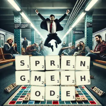 Kreative Illustration für ein Scrabble-Spiel, bei dem das Wort SPRENGMETHODE mit Steinen auf dem Brett gelegt wurde.