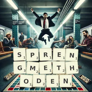Kreative Illustration für ein Scrabble-Spiel, bei dem das Wort SPRENGMETHODEN mit Steinen auf dem Brett gelegt wurde.