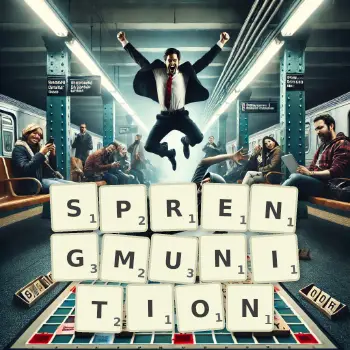 Kreative Illustration für ein Scrabble-Spiel, bei dem das Wort SPRENGMUNITION mit Steinen auf dem Brett gelegt wurde.