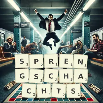 Kreative Illustration für ein Scrabble-Spiel, bei dem das Wort SPRENGSCHACHTS mit Steinen auf dem Brett gelegt wurde.