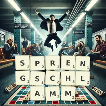 Kreative Illustration für ein Scrabble-Spiel, bei dem das Wort SPRENGSCHLAMM mit Steinen auf dem Brett gelegt wurde.