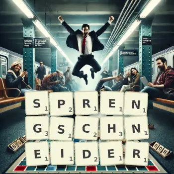 Kreative Illustration für ein Scrabble-Spiel, bei dem das Wort SPRENGSCHNEIDER mit Steinen auf dem Brett gelegt wurde.