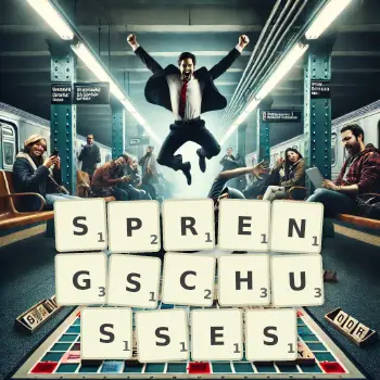 Kreative Illustration für ein Scrabble-Spiel, bei dem das Wort SPRENGSCHUSSES mit Steinen auf dem Brett gelegt wurde.