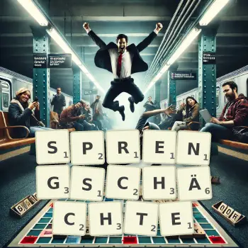 Kreative Illustration für ein Scrabble-Spiel, bei dem das Wort SPRENGSCHÄCHTE mit Steinen auf dem Brett gelegt wurde.