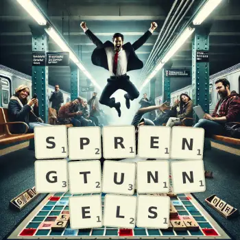 Kreative Illustration für ein Scrabble-Spiel, bei dem das Wort SPRENGTUNNELS mit Steinen auf dem Brett gelegt wurde.