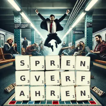 Kreative Illustration für ein Scrabble-Spiel, bei dem das Wort SPRENGVERFAHREN mit Steinen auf dem Brett gelegt wurde.