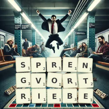 Kreative Illustration für ein Scrabble-Spiel, bei dem das Wort SPRENGVORTRIEBE mit Steinen auf dem Brett gelegt wurde.