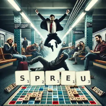 Kreative Illustration für ein Scrabble-Spiel, bei dem das Wort SPREU mit Steinen auf dem Brett gelegt wurde.