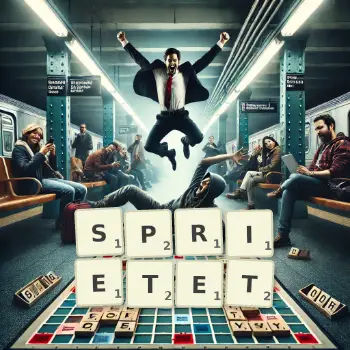 Kreative Illustration für ein Scrabble-Spiel, bei dem das Wort SPRIETET mit Steinen auf dem Brett gelegt wurde.