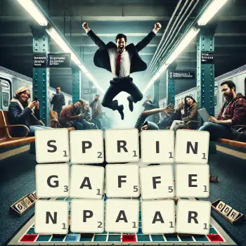 Kreative Illustration für ein Scrabble-Spiel, bei dem das Wort SPRINGAFFENPAAR mit Steinen auf dem Brett gelegt wurde.