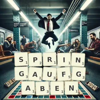 Kreative Illustration für ein Scrabble-Spiel, bei dem das Wort SPRINGAUFGABEN mit Steinen auf dem Brett gelegt wurde.