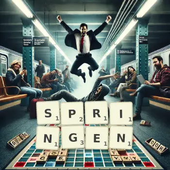 Kreative Illustration für ein Scrabble-Spiel, bei dem das Wort SPRINGEN mit Steinen auf dem Brett gelegt wurde.