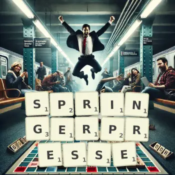 Kreative Illustration für ein Scrabble-Spiel, bei dem das Wort SPRINGERPRESSE mit Steinen auf dem Brett gelegt wurde.