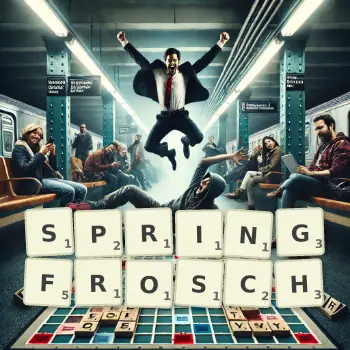 Kreative Illustration für ein Scrabble-Spiel, bei dem das Wort SPRINGFROSCH mit Steinen auf dem Brett gelegt wurde.