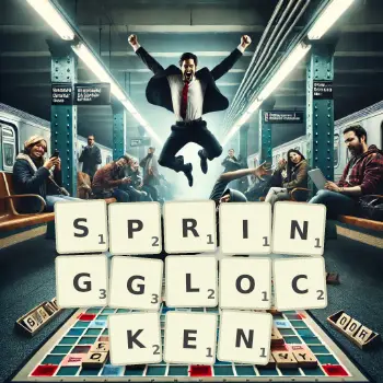 Kreative Illustration für ein Scrabble-Spiel, bei dem das Wort SPRINGGLOCKEN mit Steinen auf dem Brett gelegt wurde.
