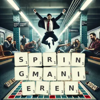 Kreative Illustration für ein Scrabble-Spiel, bei dem das Wort SPRINGMANIEREN mit Steinen auf dem Brett gelegt wurde.