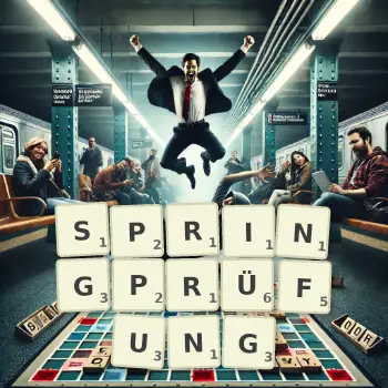 Kreative Illustration für ein Scrabble-Spiel, bei dem das Wort SPRINGPRÜFUNG mit Steinen auf dem Brett gelegt wurde.