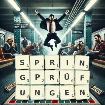 Kreative Illustration für ein Scrabble-Spiel, bei dem das Wort SPRINGPRÜFUNGEN mit Steinen auf dem Brett gelegt wurde.