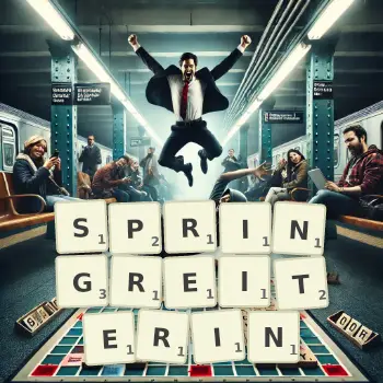 Kreative Illustration für ein Scrabble-Spiel, bei dem das Wort SPRINGREITERIN mit Steinen auf dem Brett gelegt wurde.