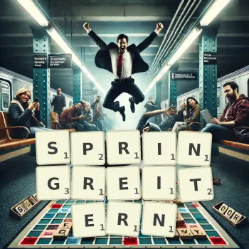 Kreative Illustration für ein Scrabble-Spiel, bei dem das Wort SPRINGREITERN mit Steinen auf dem Brett gelegt wurde.