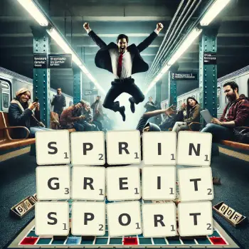 Kreative Illustration für ein Scrabble-Spiel, bei dem das Wort SPRINGREITSPORT mit Steinen auf dem Brett gelegt wurde.
