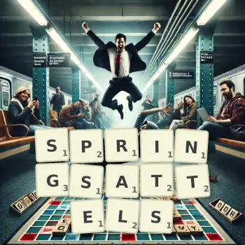 Kreative Illustration für ein Scrabble-Spiel, bei dem das Wort SPRINGSATTELS mit Steinen auf dem Brett gelegt wurde.
