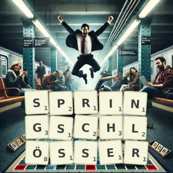 Kreative Illustration für ein Scrabble-Spiel, bei dem das Wort SPRINGSCHLÖSSER mit Steinen auf dem Brett gelegt wurde.