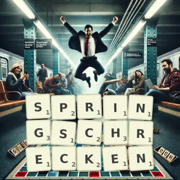 Kreative Illustration für ein Scrabble-Spiel, bei dem das Wort SPRINGSCHRECKEN mit Steinen auf dem Brett gelegt wurde.