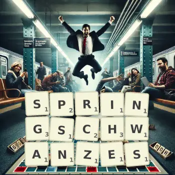 Kreative Illustration für ein Scrabble-Spiel, bei dem das Wort SPRINGSCHWANZES mit Steinen auf dem Brett gelegt wurde.