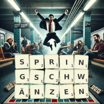 Kreative Illustration für ein Scrabble-Spiel, bei dem das Wort SPRINGSCHWÄNZEN mit Steinen auf dem Brett gelegt wurde.
