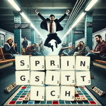 Kreative Illustration für ein Scrabble-Spiel, bei dem das Wort SPRINGSITTICH mit Steinen auf dem Brett gelegt wurde.