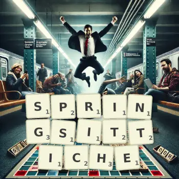 Kreative Illustration für ein Scrabble-Spiel, bei dem das Wort SPRINGSITTICHE mit Steinen auf dem Brett gelegt wurde.