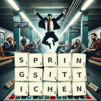 Kreative Illustration für ein Scrabble-Spiel, bei dem das Wort SPRINGSITTICHEN mit Steinen auf dem Brett gelegt wurde.