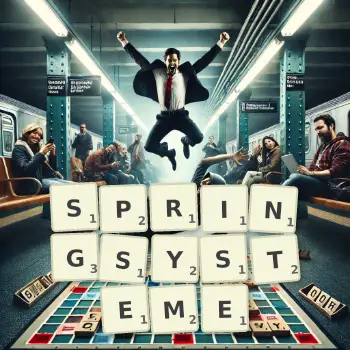 Kreative Illustration für ein Scrabble-Spiel, bei dem das Wort SPRINGSYSTEME mit Steinen auf dem Brett gelegt wurde.
