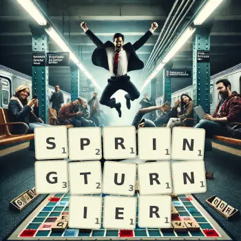 Kreative Illustration für ein Scrabble-Spiel, bei dem das Wort SPRINGTURNIER mit Steinen auf dem Brett gelegt wurde.