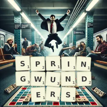 Kreative Illustration für ein Scrabble-Spiel, bei dem das Wort SPRINGWUNDERS mit Steinen auf dem Brett gelegt wurde.