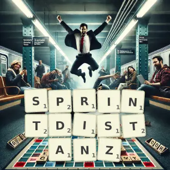 Kreative Illustration für ein Scrabble-Spiel, bei dem das Wort SPRINTDISTANZ mit Steinen auf dem Brett gelegt wurde.
