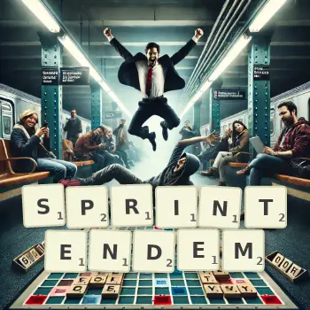Kreative Illustration für ein Scrabble-Spiel, bei dem das Wort SPRINTENDEM mit Steinen auf dem Brett gelegt wurde.