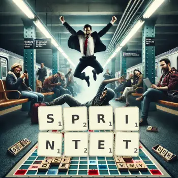 Kreative Illustration für ein Scrabble-Spiel, bei dem das Wort SPRINTET mit Steinen auf dem Brett gelegt wurde.