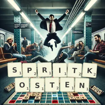 Kreative Illustration für ein Scrabble-Spiel, bei dem das Wort SPRITKOSTEN mit Steinen auf dem Brett gelegt wurde.