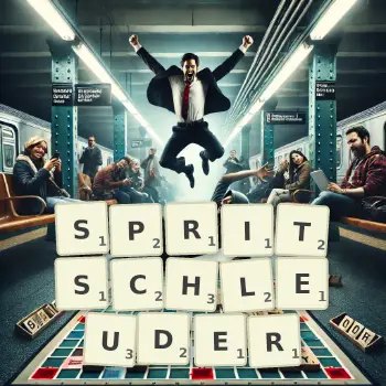 Kreative Illustration für ein Scrabble-Spiel, bei dem das Wort SPRITSCHLEUDER mit Steinen auf dem Brett gelegt wurde.