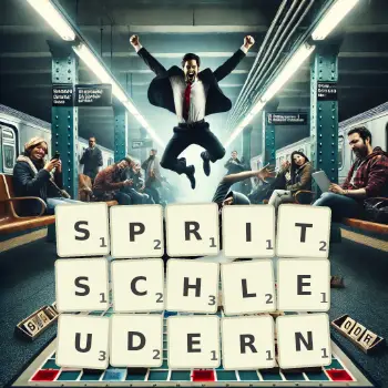 Kreative Illustration für ein Scrabble-Spiel, bei dem das Wort SPRITSCHLEUDERN mit Steinen auf dem Brett gelegt wurde.