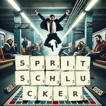 Kreative Illustration für ein Scrabble-Spiel, bei dem das Wort SPRITSCHLUCKER mit Steinen auf dem Brett gelegt wurde.