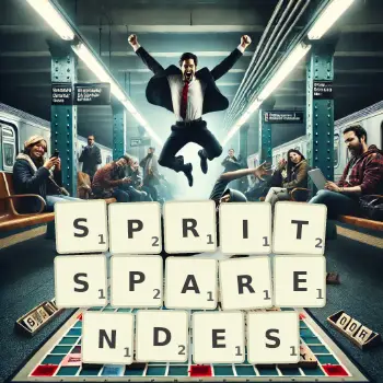 Kreative Illustration für ein Scrabble-Spiel, bei dem das Wort SPRITSPARENDES mit Steinen auf dem Brett gelegt wurde.