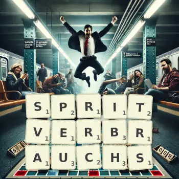 Kreative Illustration für ein Scrabble-Spiel, bei dem das Wort SPRITVERBRAUCHS mit Steinen auf dem Brett gelegt wurde.